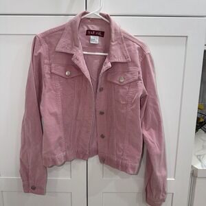 Y&F Womens Large Pink Stretch Corduroy Trucker Jacket Button Front Cotton